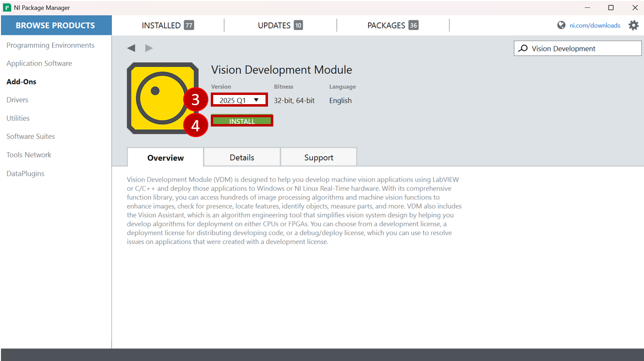 NI Vision Development Module Installation in NI Package Manager