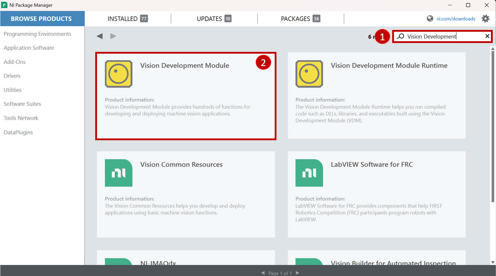 Search for Vision Development in NI Package Manager